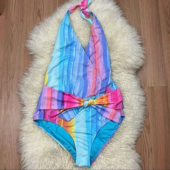 Rachel Roy Multi Stripe Watercolor One Piece Swimsuit L - Picture 1 of 6